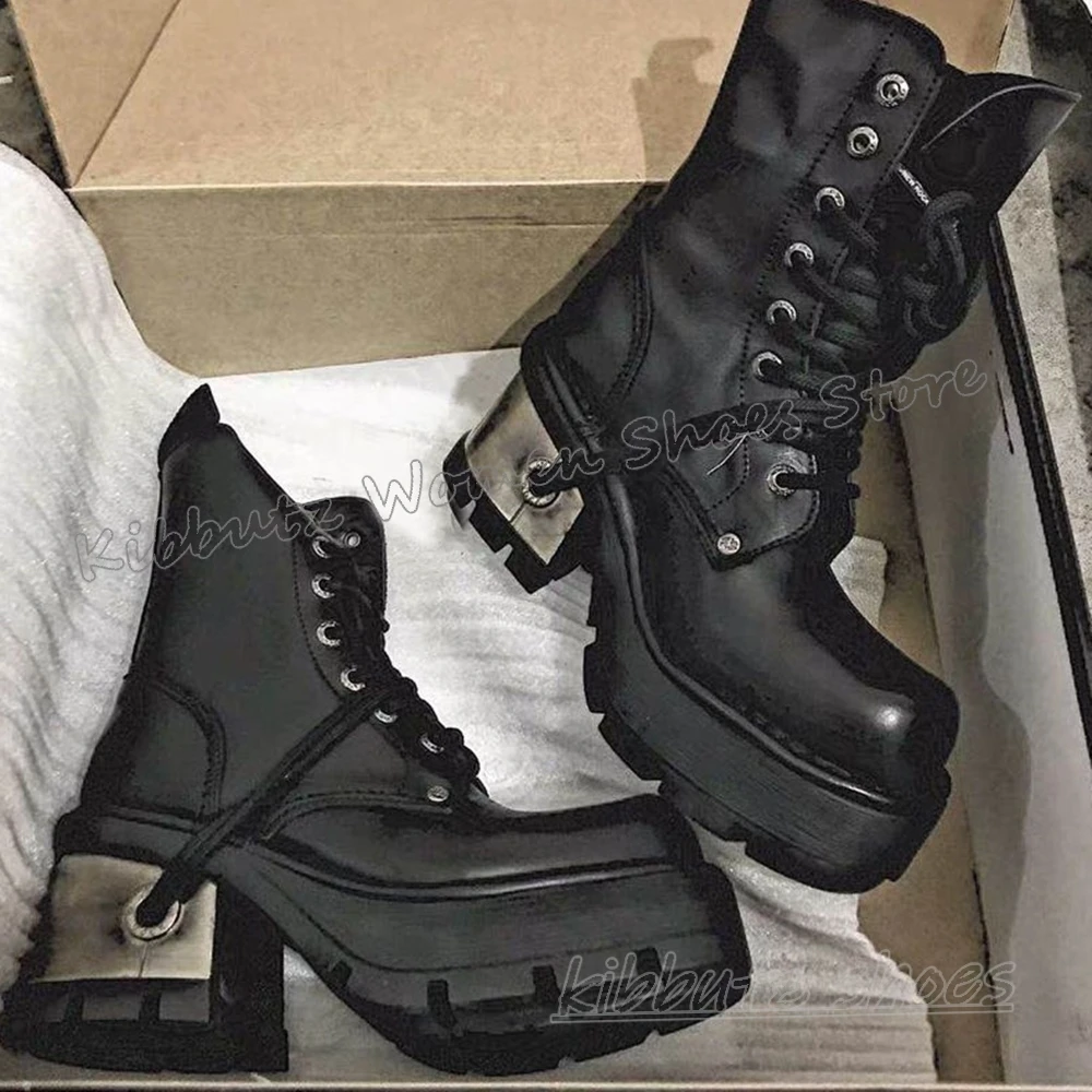 

Cross Strap Ankle Boots Platform Square Toe Chunky Heels Leather Fashion Luxury Elegant Concise Lace-Up Gothic Women Shoes New