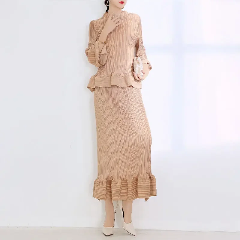 

Women's Long-sleeved Top High-waisted Fishtail Skirt 2025 Summer New Miyake Design Sense Fashion Solid Colour Folded Two-piece