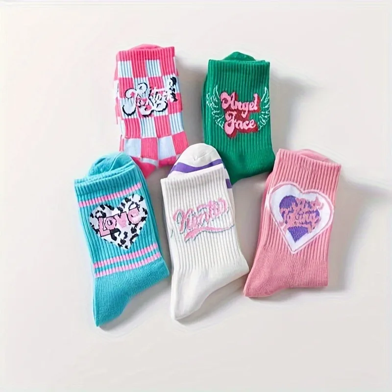 4 Pairs Letter & Heart Print Socks, Comfy & Cute Street Mid Tube Socks, Women\'s Stockings & Hosiery