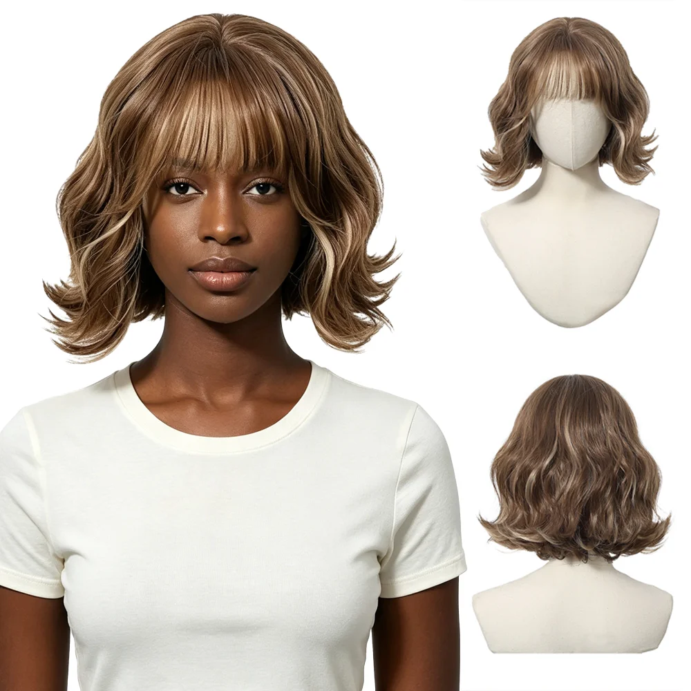 Highlight Brown Blonde Short Wavy Bob Wig Natural Realistic Hairline Glueless Synthetic Wig with Bangs For Black Women Daily Use