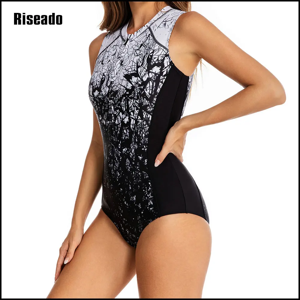 

Riseado Sport Rashguard Swimwear Women Competitive One Piece 2025 Round Neck Zipper Sleeveless Bathing Suit (UPF 50+)