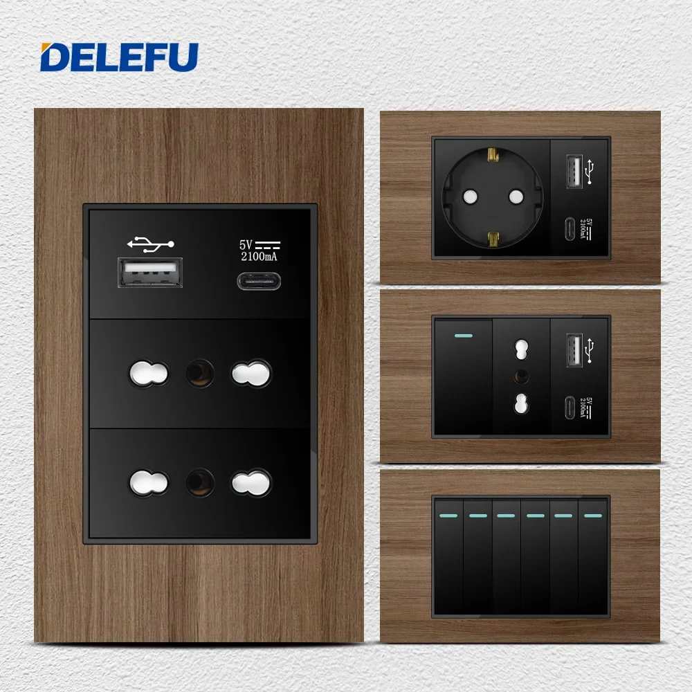 DELEFU Imitation Wood Grain Italy Standard Home Office EU Outlet USb Type C Chile Wall Socket Light Pressure Switch 118 Black