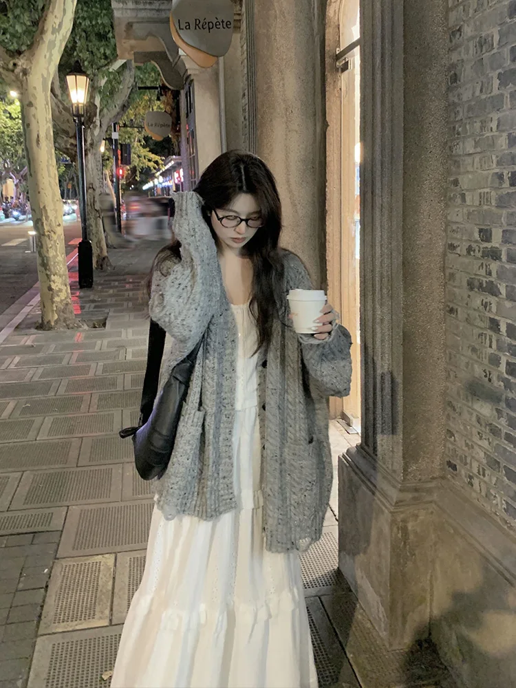 

Loose Long Sve V-Ne Knitted Sweater Women's Spring Autumn Korean Sle Slimming Twisted Flower Cardigan Coat Small Size