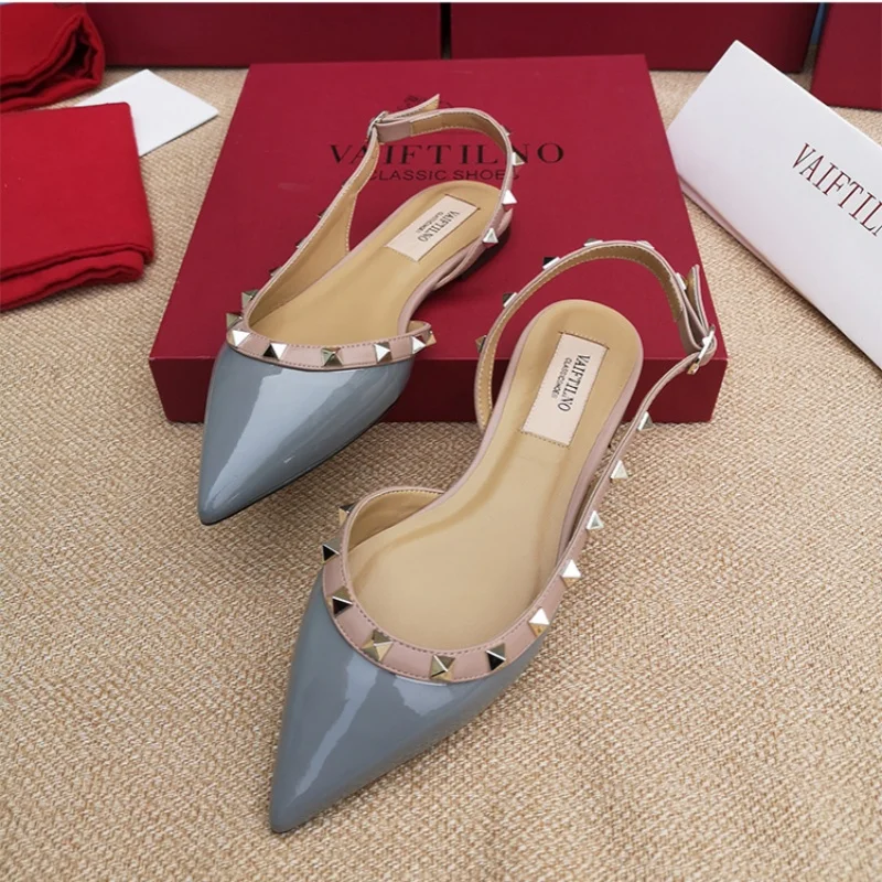 Leather Pointed Flat Shoes 2024 Summer New High-Quality Rivet Women\'s Sandals High Heels Fashion Trend Designer Women\'s Shoes