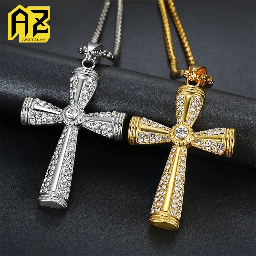 

Anztilam NO FADE 316L Stainless Steel Iced Out Cross Pendant with Long Link Chain Necklaces for Women Men Hip Hop Jewelry