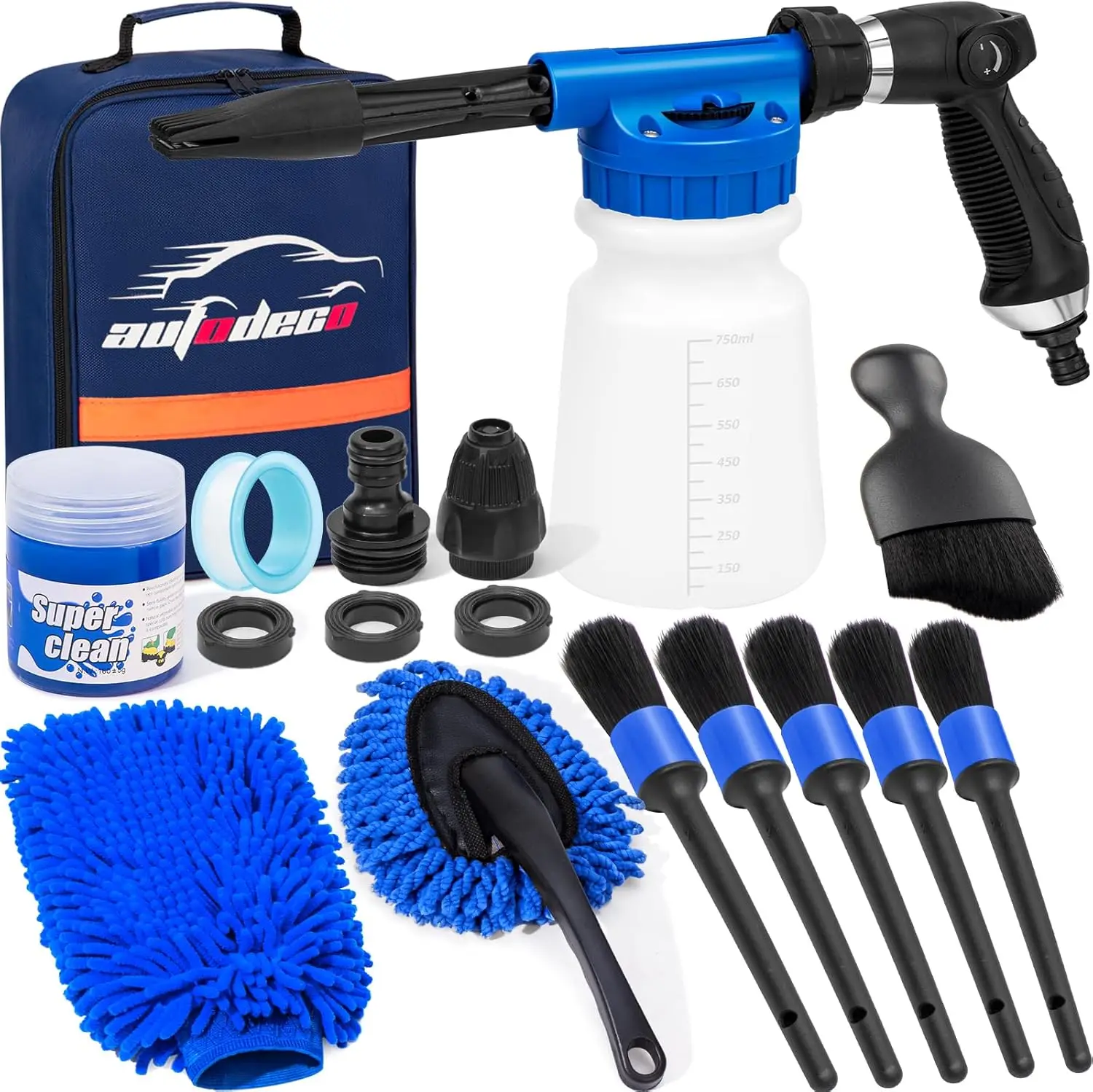 

Набор для мойки и детейлинга автомобиля с пенной насадкой-распылителем, щеткой и большой мочалкой для мойки (синий)