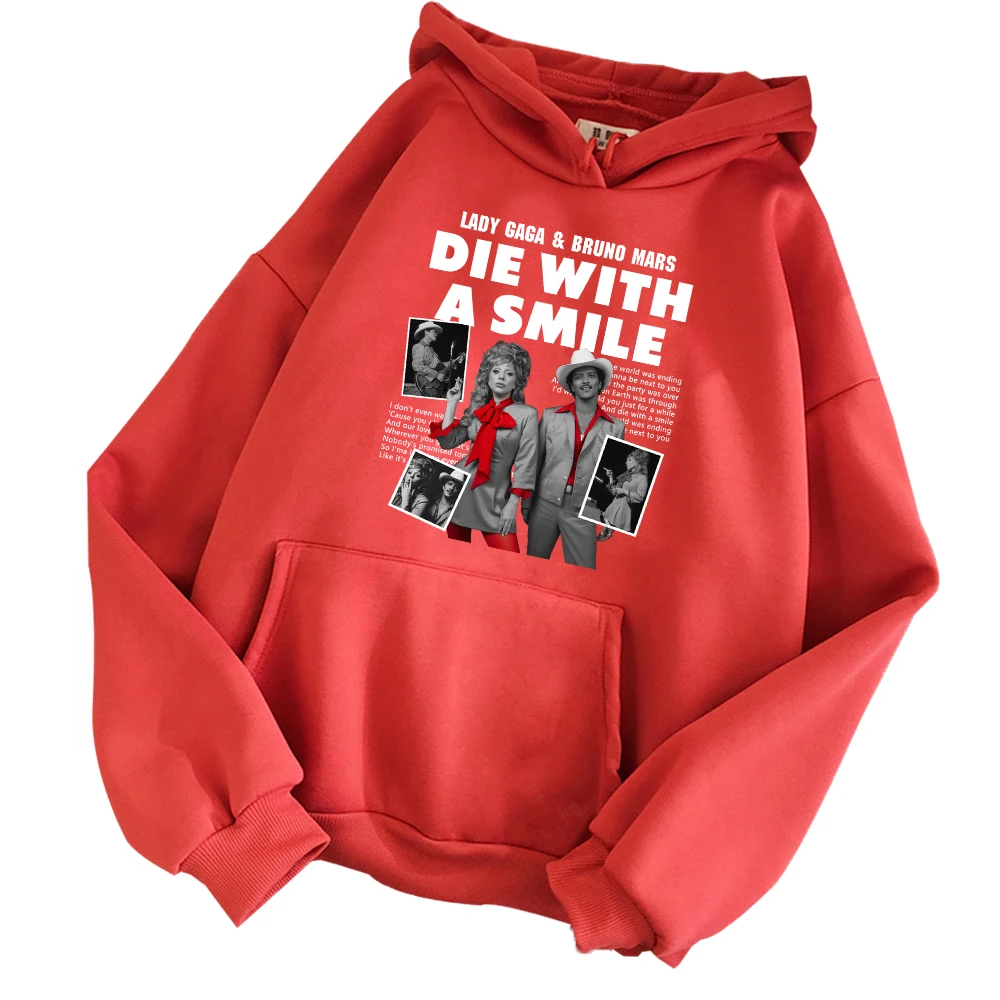 Lady Gaga & Bruno Mars Die With A Smile Hoodie Harajuku Pullover Tops Sweatshirt Fans Gift