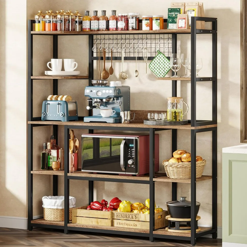 

Large Bakers Rack, 55" Wide Kitchen Hutch Cabinet Microwave Stand with 11 Hooks, 5-Tier Baker’s Rack Kitchen Storage Shelf Rack