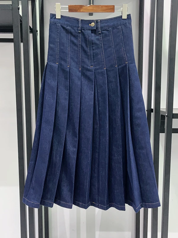 

Spring 2026 Mid-Length A-Line Skirt Women's Midi Half Skirt Blue Retro Pleated Full Flounce 3D Tailoring Cotton Blend Skirt
