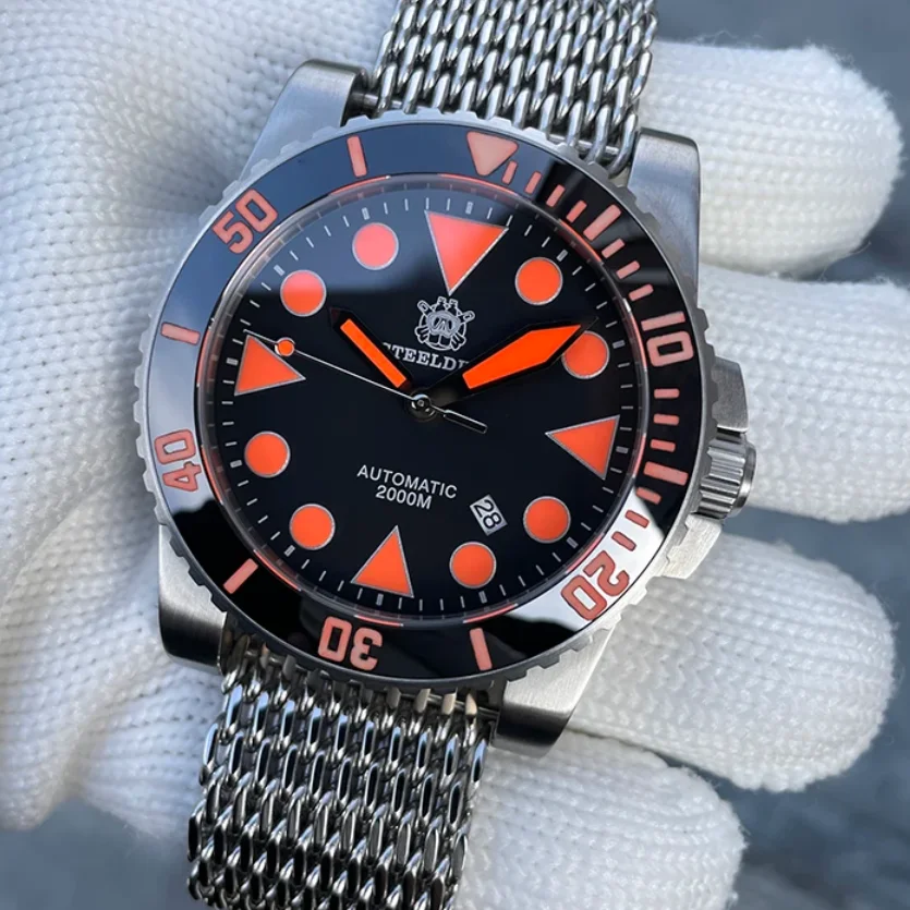 

Мужские автоматические часы STEELDIVE, 46,5 мм, механические наручные часы для дайвера, 200 бар, водонепроницаемые, C3, светящийся сапфир, NH35, керамический безель