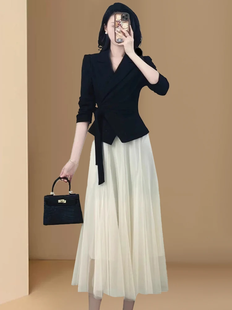 

Black Skirt Suit Women's High-End Sensation Mesh Half-length Two-piece Set Fashionable Spring Autumn Wear Casual Style