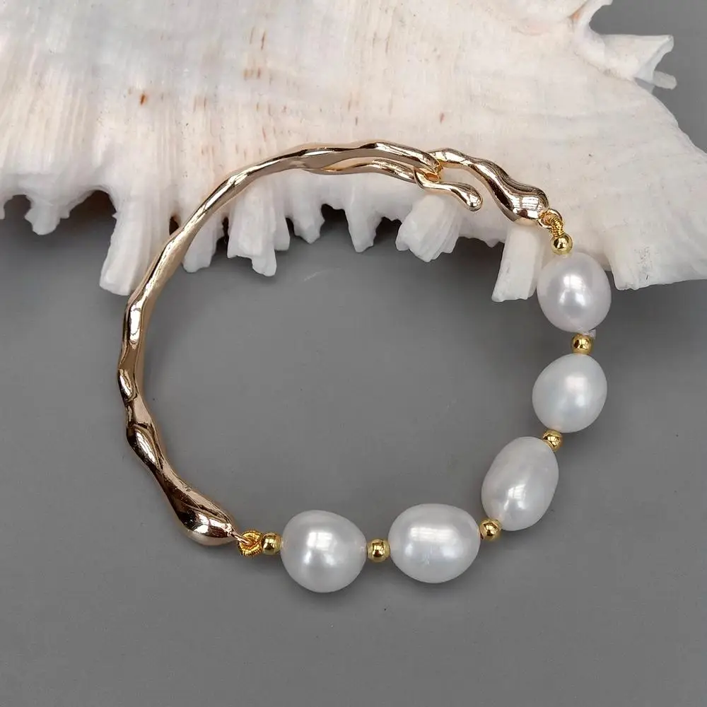 YYGEM  Natural Pearl Gold Plated Bangle Bracelet Freshwater Cultured White Pearl Bracelet Handmade