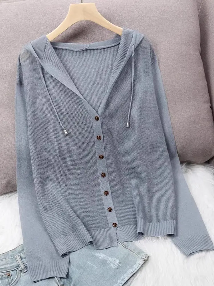 Summer Ice Silk Knitted Cardigan Short Hollow out Thin Sun Protection Outerwear Women's Hooded Top Korean Style Loose Fit Lon...