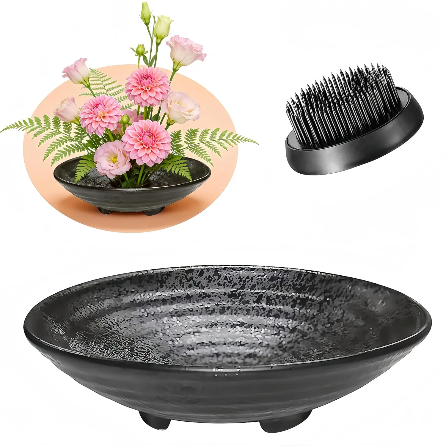 

Japanese Ikebana Floral Frog Kit with Kenzan Needle Tool, Black Flower Frog and Bowl Vase