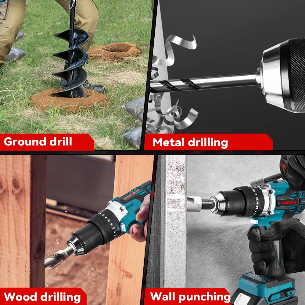 ONEVAN 1500W Brushless Electric Impact Drill 650NM Cordless Screwdriver Plates Soil Wood Working Tool For makita 18v battery