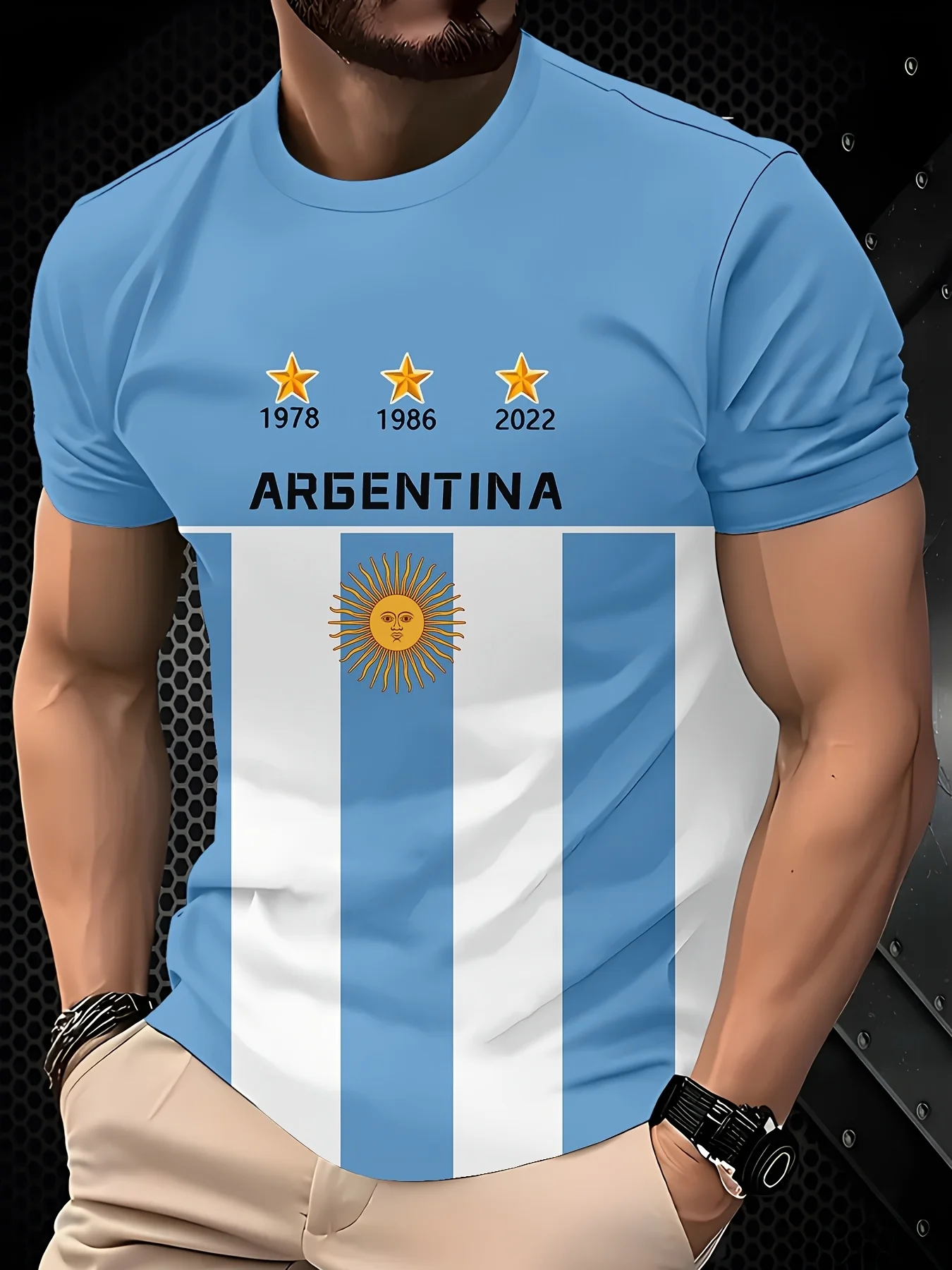 Three-Stars Commemorative T-Shirt Blue And White Striped Flag Print Summer Men'S Loose Breathable Short Sleeve