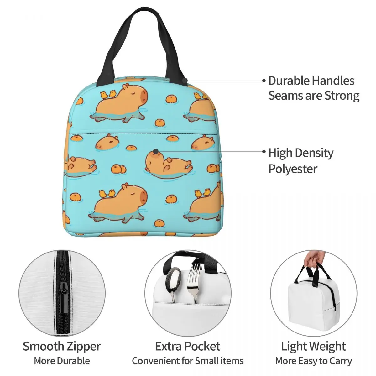 Cute Capybara Swimming Kawaii Capy Animal Merch Lunch Boxes Portable Insulated Canvas Cooler Thermal Food School Tote