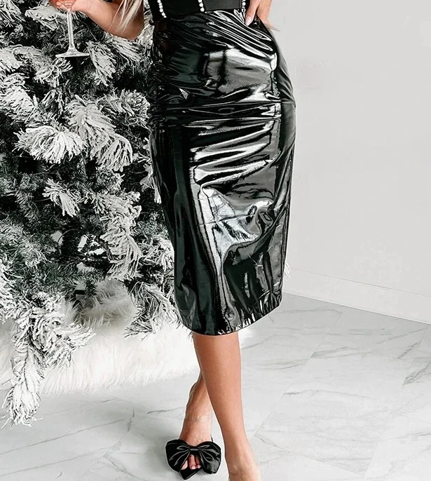 Women High Waist Midi Shiny Faux Leather Hem Split Skirt Lady Gloosy Stretch PU Pencil Skirt Clubwear Party Support Custom