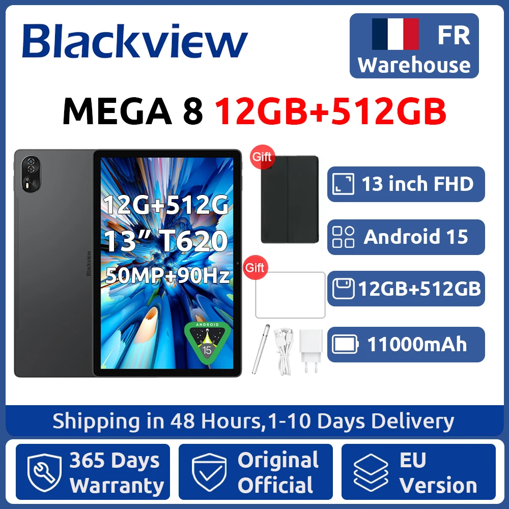 Blackview MEGA 8 Tablet 13 Zoll FHD+ 90Hz Display 12GB+512GB 11000mAh AI Android 15 50MP Kamera 4 BOX Lautsprecher 4G Pad PC