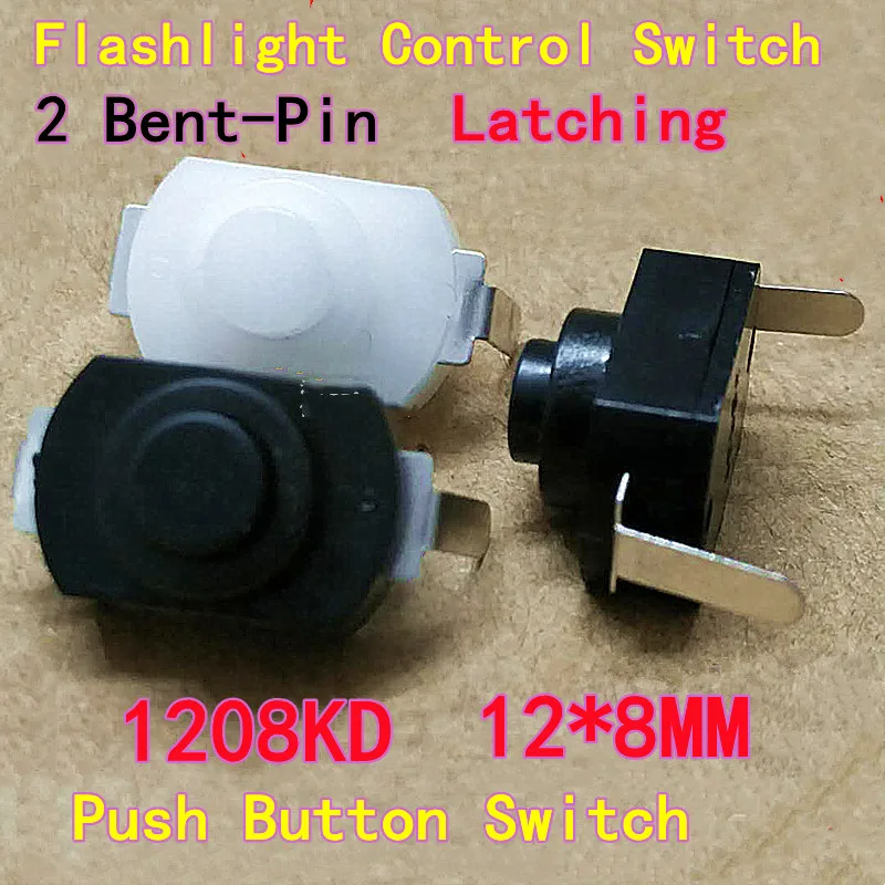 50pcs KAN-15 2-Pin Bent-Pin Flashlight Control Switch, Latching, 12X8MM Push Button Switch, 1208