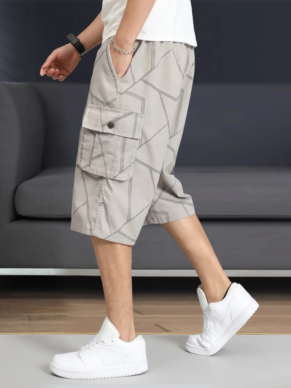 Verão fino casual solto em linha reta militar workwear orts masculino faionable calças de sete pés marca especial s multi-ket