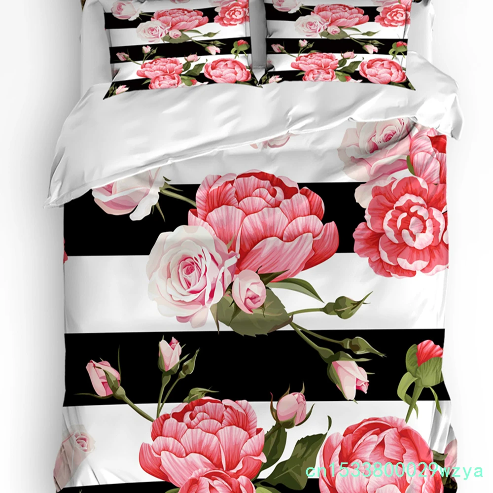 Peony Rose Pink Flower Black And White Stripes Bedding Set 3pcs Duvet Cover Pillowcase Quilt Cover Double Bed Set Home Textile