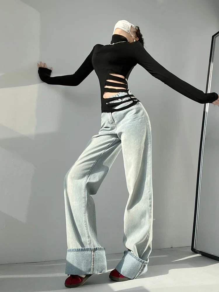 Jeans vintage a gamba larga pesante Du Pantaloni lunghi color orecchio abbastanza Pantaloni lunghi con orlo con risvolto Versatile colore profondo e chiaro Vita l