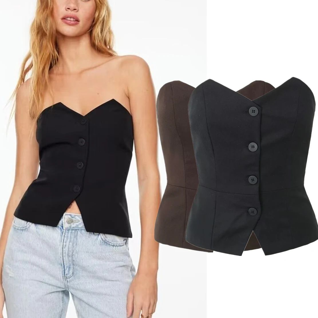 Jenny&Dave Vintage Suits Vest Women Fashion Sexy Off Shoulder Top Ladies High Street Single Breasted Strapless Vest