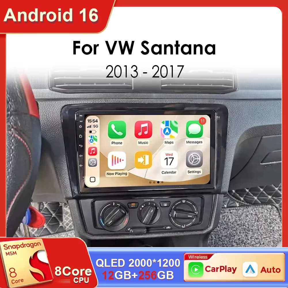 Rádio Automotivo Android 16 Carplay Auto com Tela QLED 2K para Volkswagen VW Santana 2013 - 2017, Multimídia Automotiva com GPS, DSP e Estéreo.