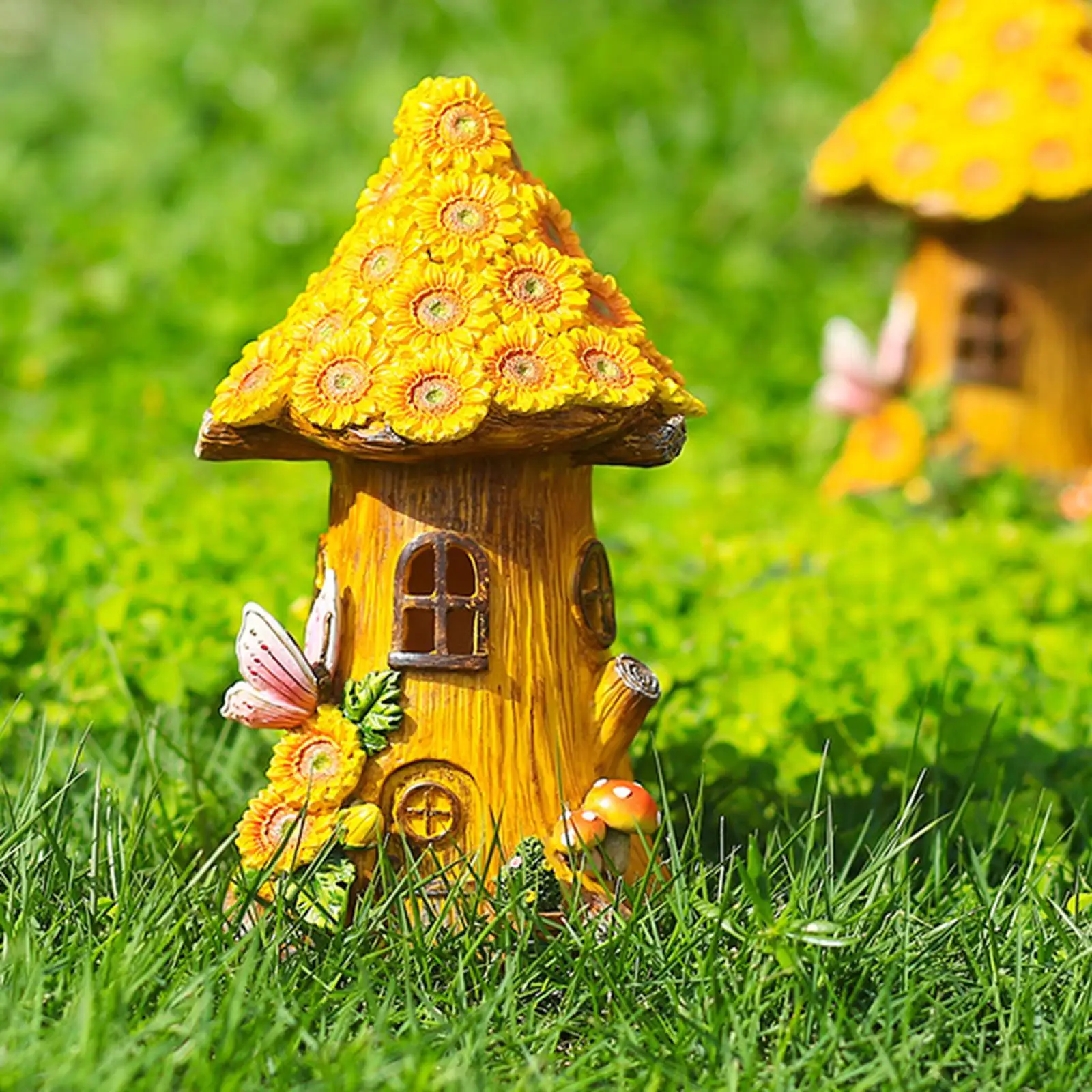 Resin Sunflower Cabin Statue Solar Garden Light Figurine for Outdoor Patio Backyard Decor Gift