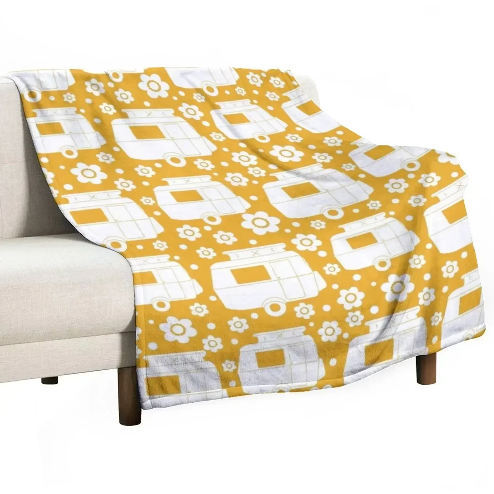 

Daisy Polka Dot Vintage Caravan Pattern in Mustard Yellow and White Throw Blanket Decorative Soft Throw Blanket for Couch Sofa