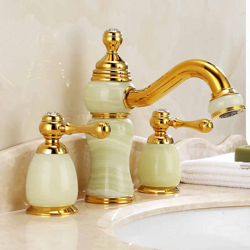 

Golden European all-copper jade hot and cold faucet three-hole split marble basin hand wash toilet bathroom cabinet