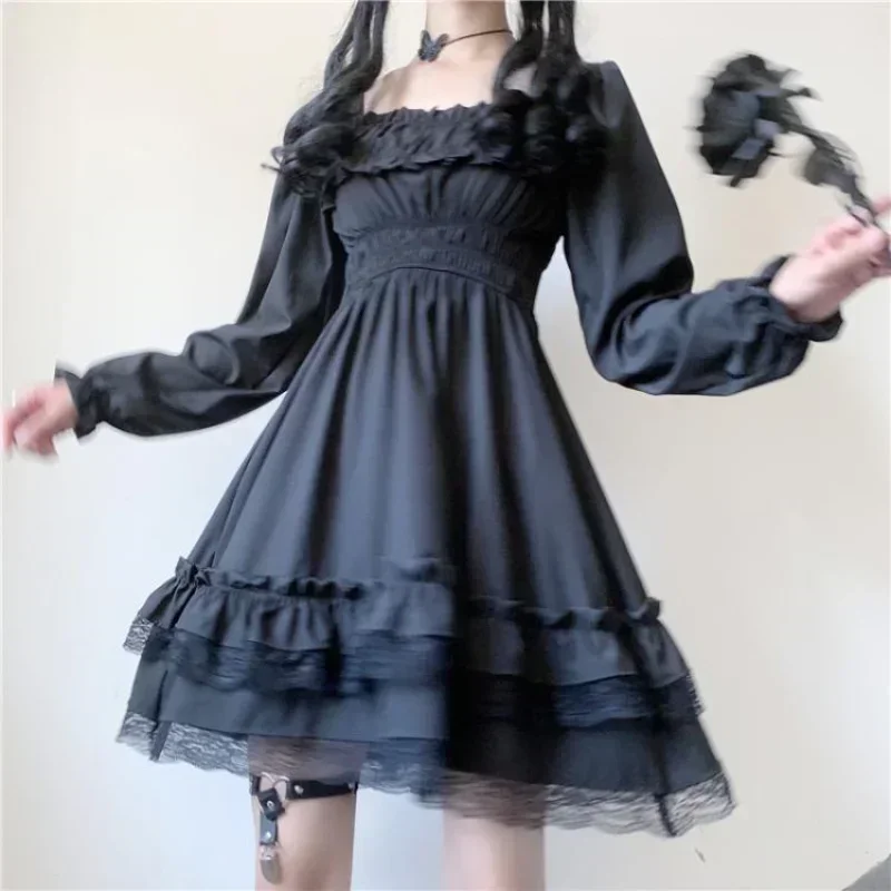 Japanese Lolita Style Women Princess Black Mini Dress Slash Neck High Waist Gothic Dress Puff Sleeve Lace Ruffles Party Dresses