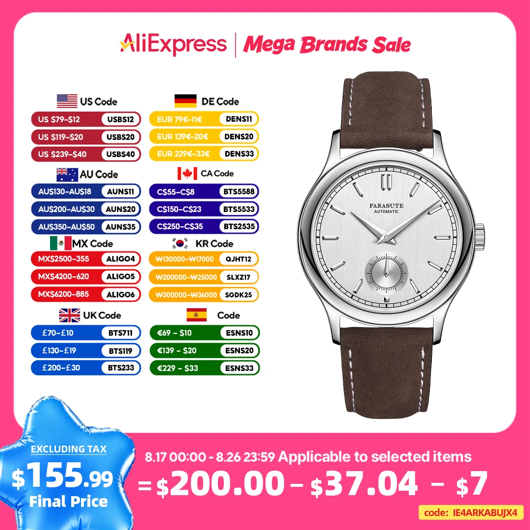 FARASUTE Automatische Mechanische Uhr 316L Edelstahlgehäuse Hangzhou Maßgefertigtes Uhrwerk Kleine Sekundenanzeige Zifferblatt Reloj Hombre