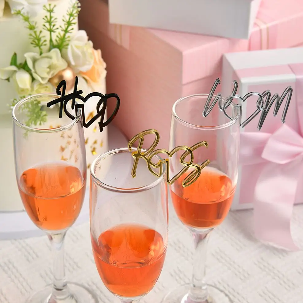 20/50/100pcs Personalized Cut Wedding Drink Tags Glass Topper Drink Stirrers Bar Sign Glass Marker Acrylic Wine Charms