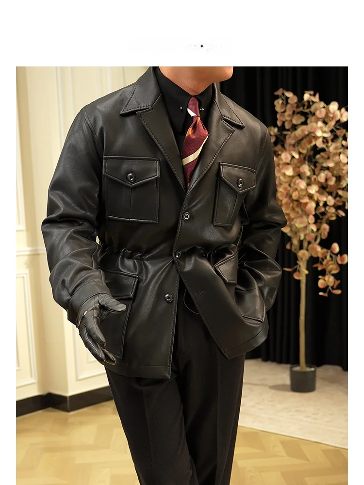 

Bla PU Leather Jaet Men's Sari Huntwear Sli Urban Faion Coat Autumn Winter High Aesthetic Value Waist-Cinching Lo...
