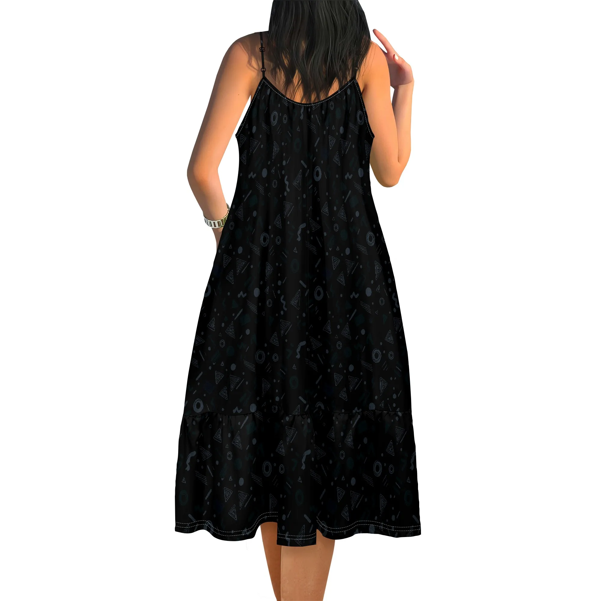 Women's Black Sleeveless Summer Dress Minimal Geometric Print Casual Nightwear Streetwear S-3XL