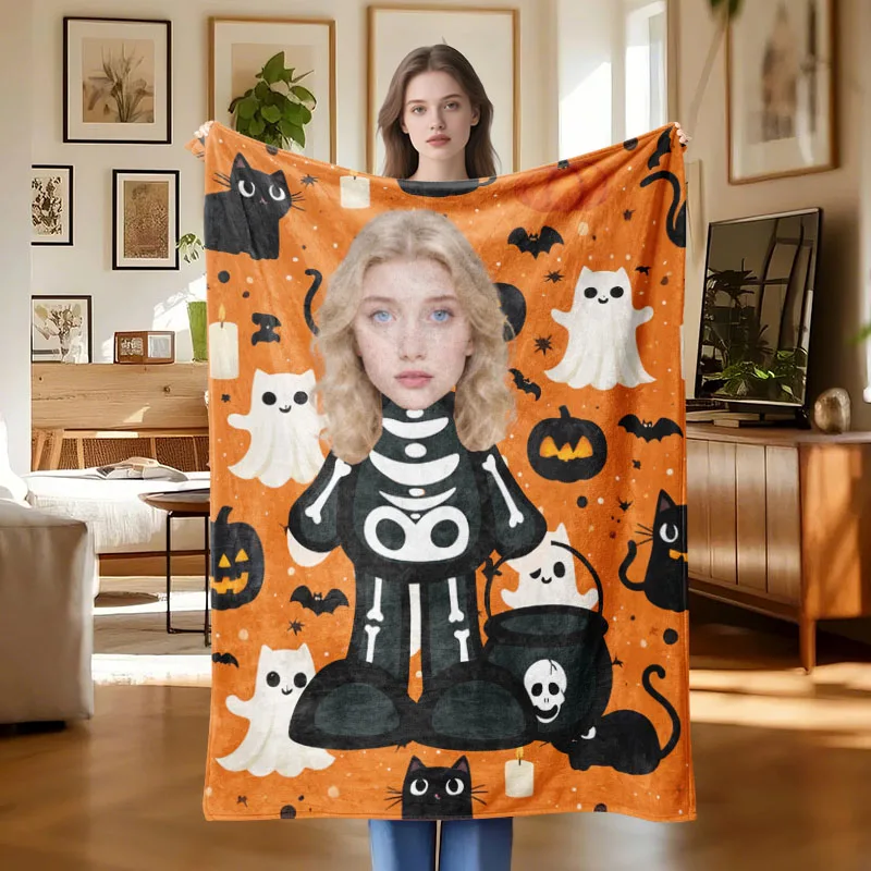 

1Pc Custom Photo Halloween Ghost Flannel Blanket Witch Decor Suitable for Living Room Bedroom Sofa Car Office Halloween gift