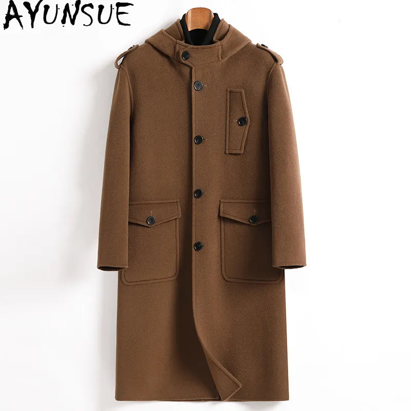 AYUNSUE High Quality Double-sided 100% Wool Coats for Men Winter Fashion Hooded Man Long Coat Casual Woolen Jacket Streetwear