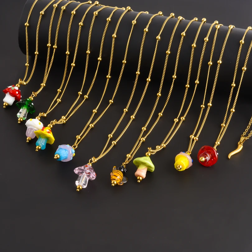 1Pc Lucky Chili Cornicello Italian Horn Y2K Glass Mushroom Egirl Collares Vintage Cute Animal Bee Pendant men Necklaces Jewelry