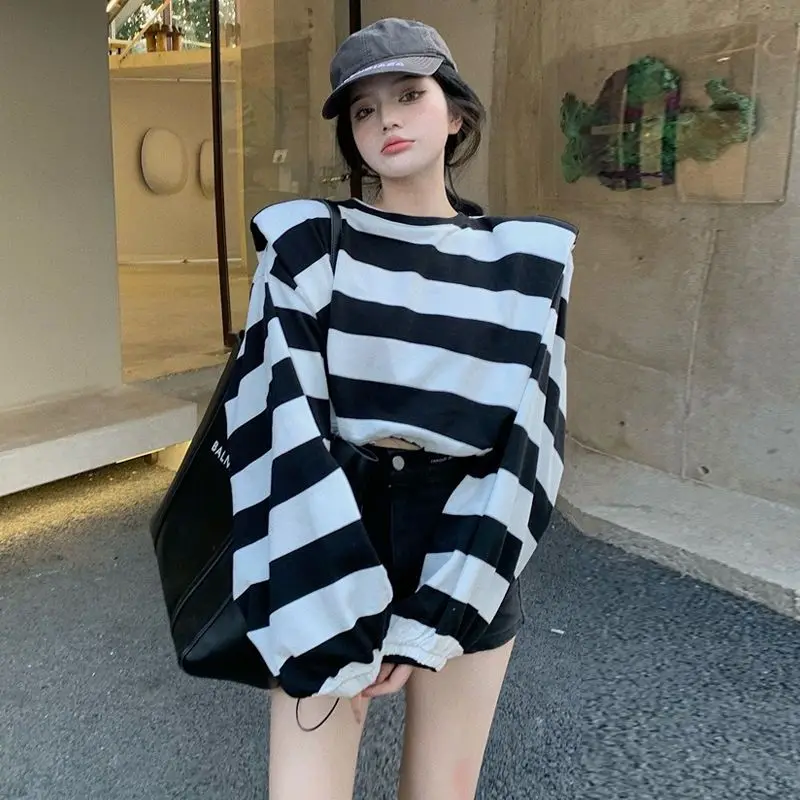 Vintage Striped Women Hoodies Korean Style Leisure Shirring Loose Chic All-match Streetwear Pullover O-neck Ulzzang Cropped Tops