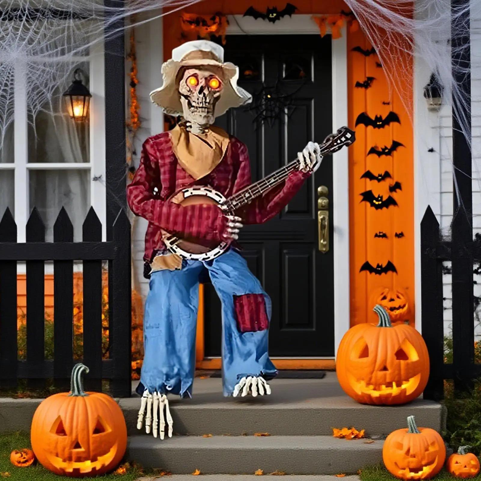 Musikalisches Halloween-Skelett mit leuchtenden Augen und beweglichen Gelenken – animierte Outdoor-Dekoration für Hof, Garten, Veranda, Spukhaus