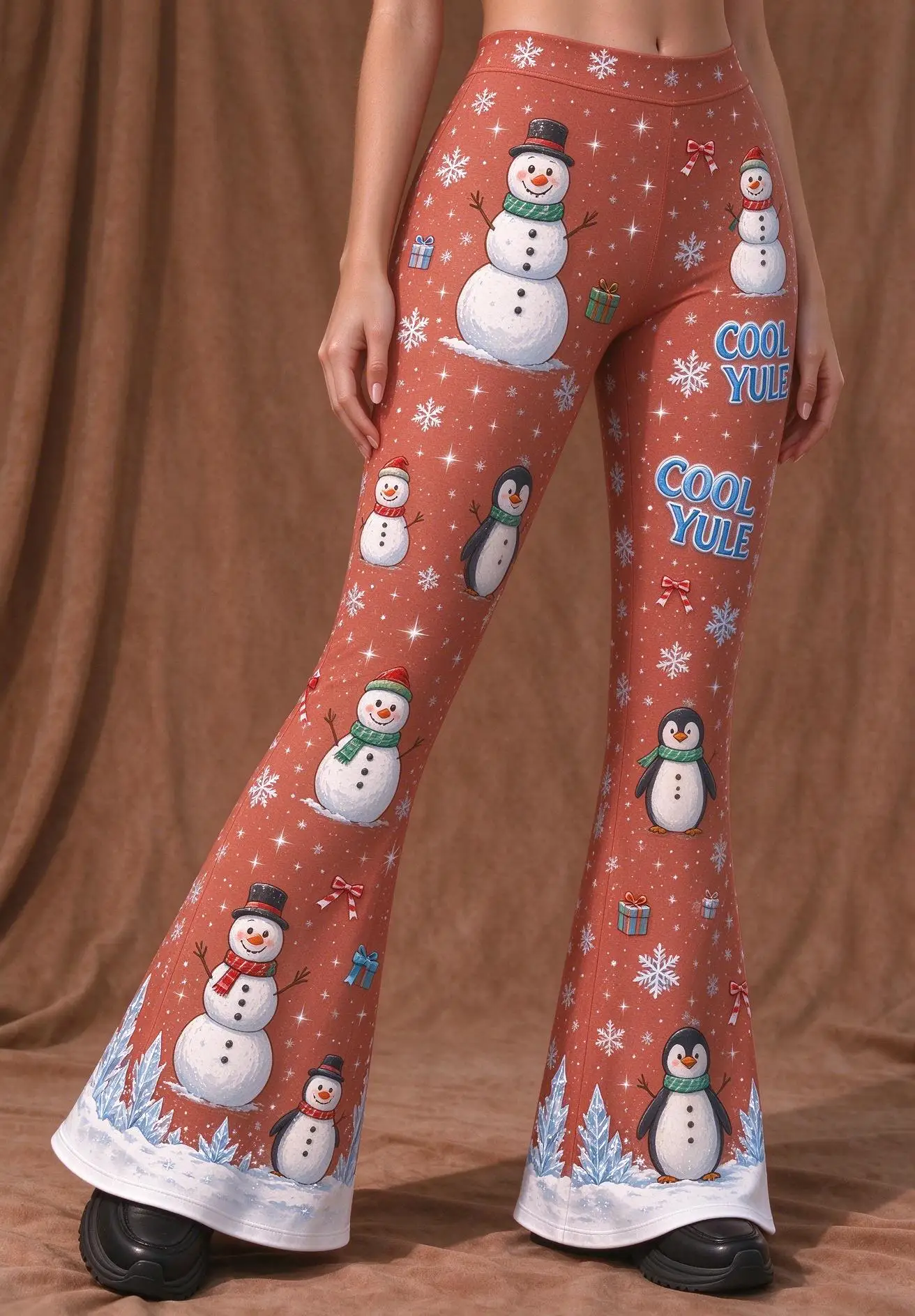 Women Mid Rise Skinny Flare Pants Christmas Snowman Penguin Cool Yule Print Rust Red Stretch Bell Bottom Trousers