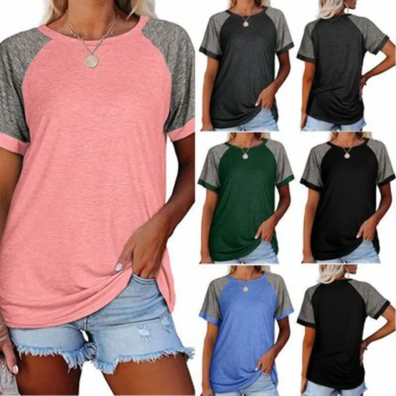 

Summer women's new blouse casual loose crew neck splicing short-sleeved T-shirt woman