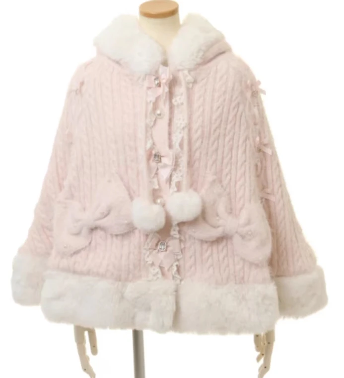 Japanische liz süße Prinzessin Faux Kaninchen Pelz Cape Mantel Frauen Herbst Winter Pelz Jacke lose Uhr Strass Bogen Kapuzen mantel