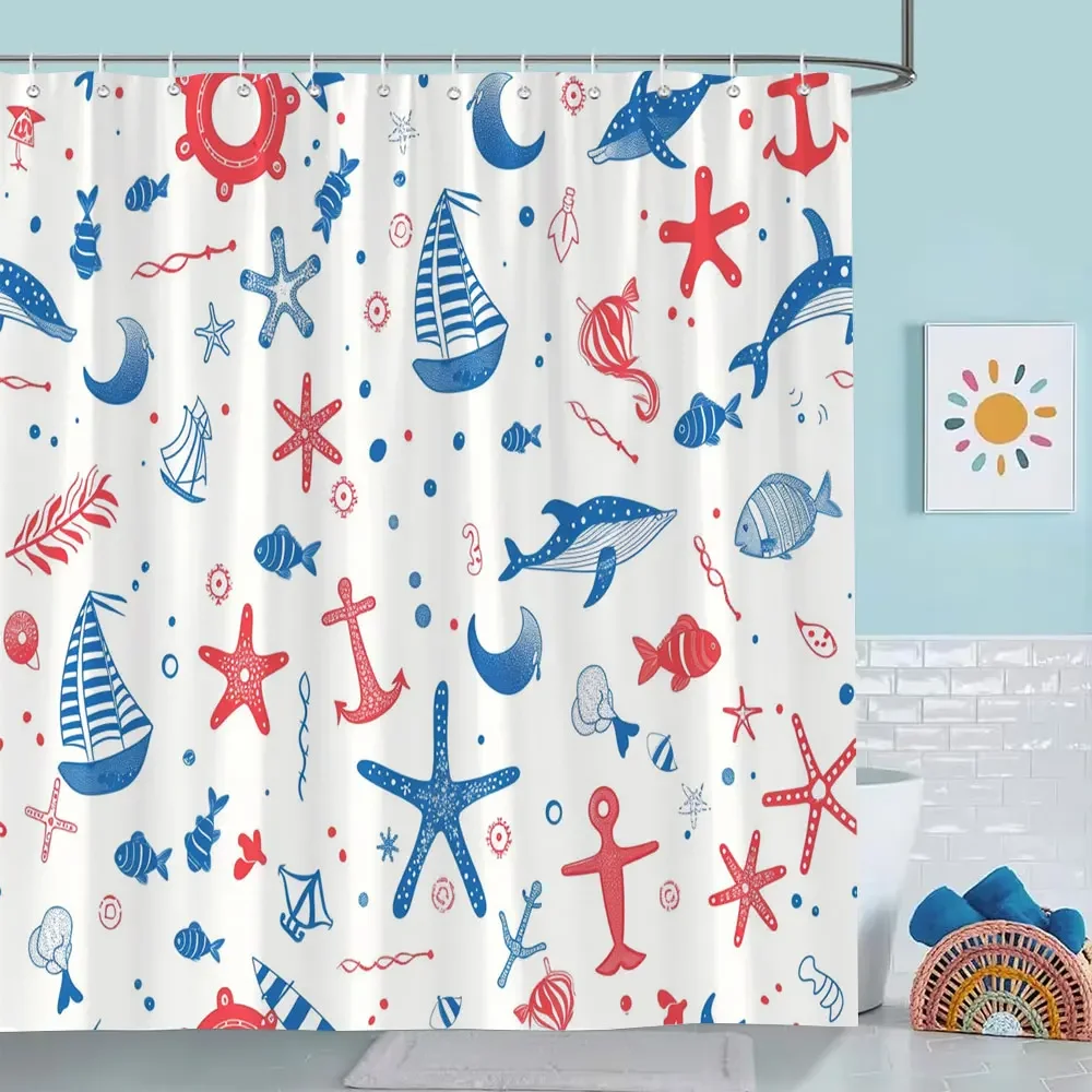 Ocean Cartoon Animal Shower Curtain Pirate Hat Dolphin Sailing Starfish Nautical Polyester Kids Shower Curtains Bathroom Decor