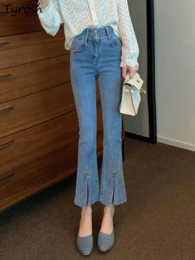 Ankle-length Jeans Women Boot Cut Design Elegant Temperament Simple All-match High Waist Ladies Summer Slit Daily Korean Style