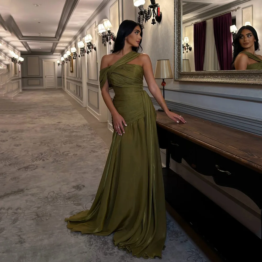 

Galarity Olive Green Evening Dresses Luxury Formal Occasion Gown One Shoulder Pleated Wedding Guest Dress Prom Gown Customized