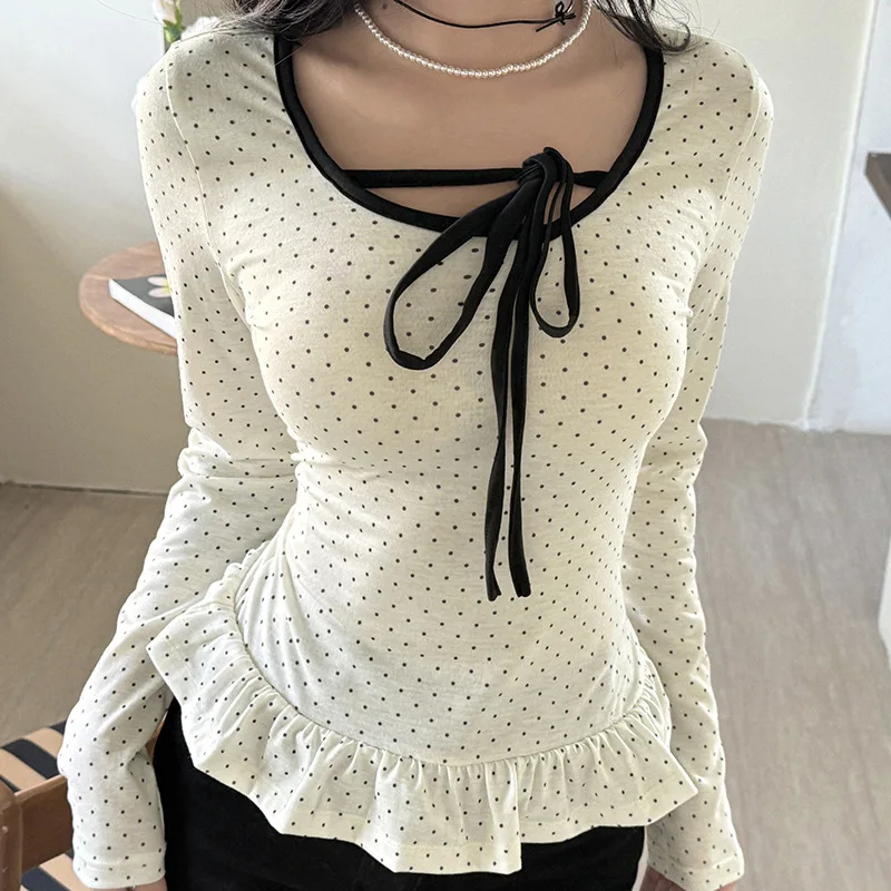 

Sweet and Pure Desire Storm Point Lace Up Mushroom Edge Long Sleeved T-shirt for Women,slim Fit and Slimming Basic Versatile Top