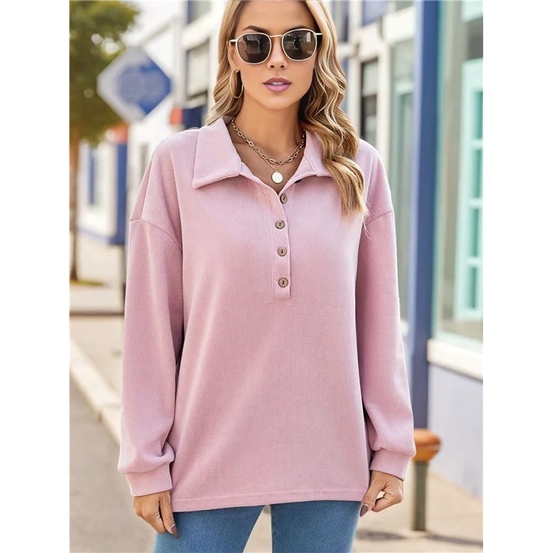 FX-Sudadera oversize da donna a maniche lunghe, tunica, bottoni, collo, tinta unita, top invernali